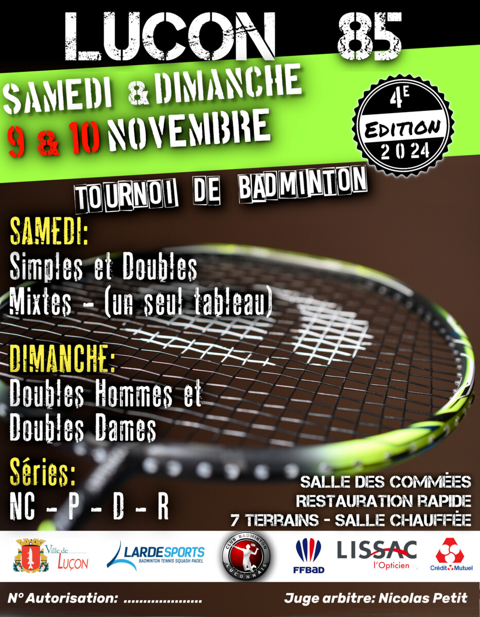 TOURNOI BADMINTON 9 et 10 NOVEMBRE 2024 LUCON